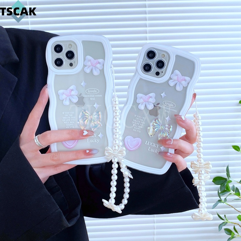 Ốp Điện Thoại Trong Suốt In Họa Tiết Đính Nơ Kèm Dây Đeo Cổ Tay Chống Sốc Cho OPPO R15 R17 A53 A72 A73 Reno 3 4 5 6 7 8 Pro