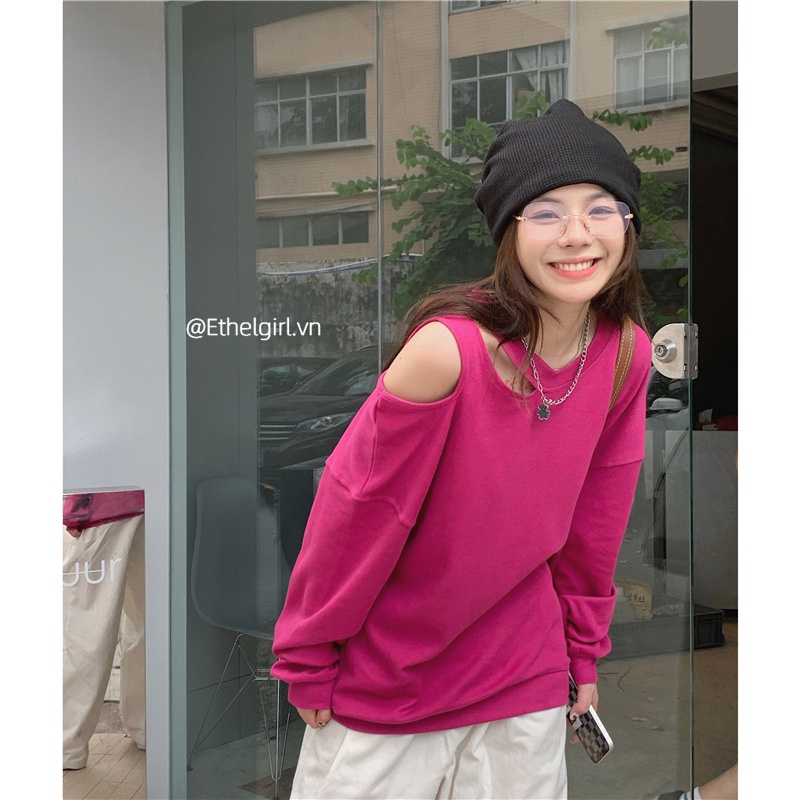 Áo thun tay dài cổ tròn dáng rộng màu trơn phong cách Hàn Quốc 2 màu lựa chọn phong cách Retro cho nữ