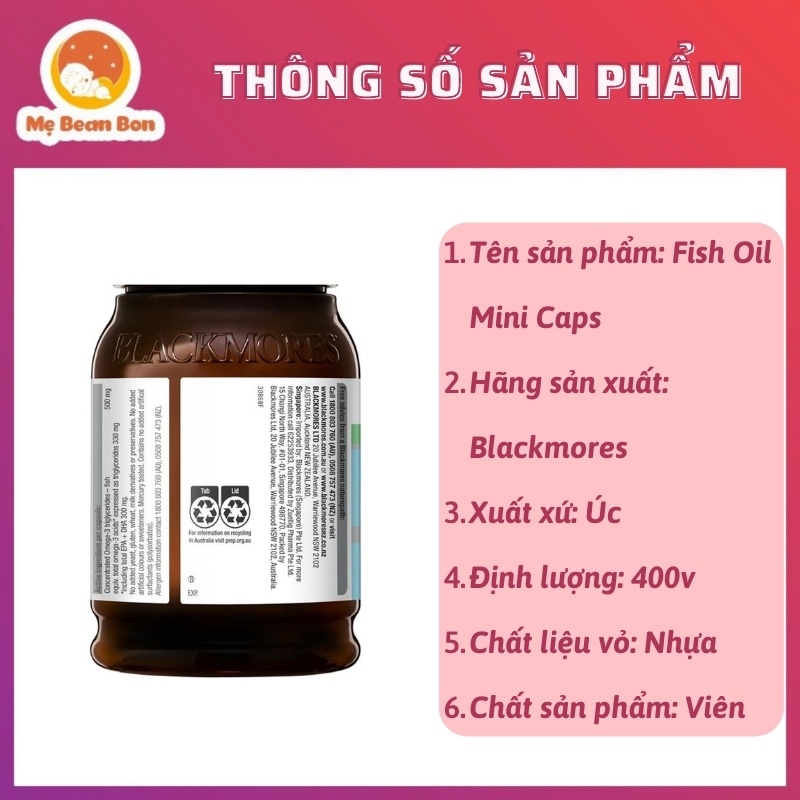 dầu cá omega 3 Blackmores Fish Oil Mini Caps Odourless của Úc không mùi 400 viên tốt cho tim mạch trí não thị lực