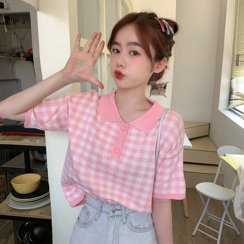 Áo Thun Nữ Sọc Caro Tay Ngắn Cute