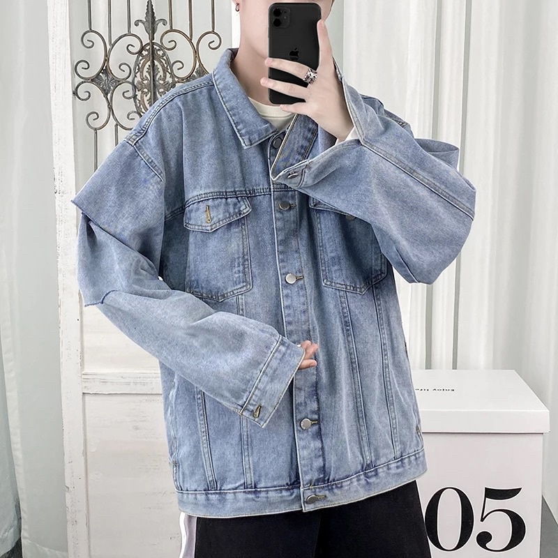 ÁO KHOÁC JEANS BÒ DENIM JACKET-AKJRT-FASHION UNISEX rách tay màu xanh ảnh thật