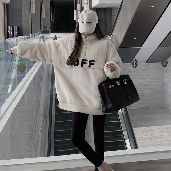 Áo khoác lông form rộng thêu chữ OFF, áo khoác nam nữ kiểu dáng hàn quốc thời trang mùa đông ấm áp