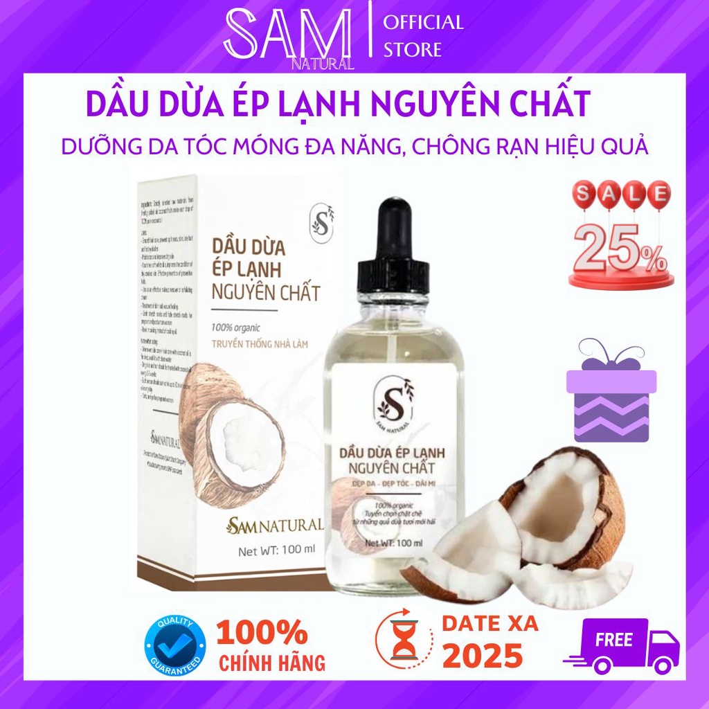 Dầu Dừa Ép Lạnh Organic Nguyên Chất Sam Natural - Dầu dừa dưỡng mi, dưỡng tóc, dưỡng da 100ML
