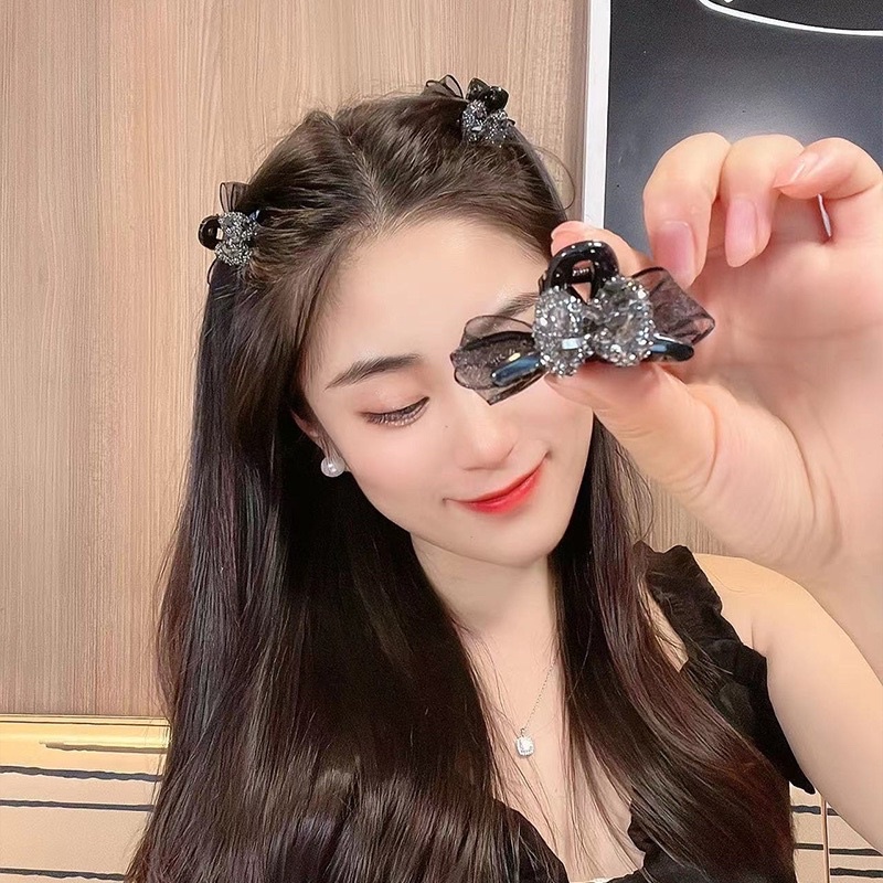 Set 2 chiếc kẹp tóc mái nơ lưới đính đá và hình nơ kẹp tóc mái xinh xắn dễ thương phong cách Hàn Quốc