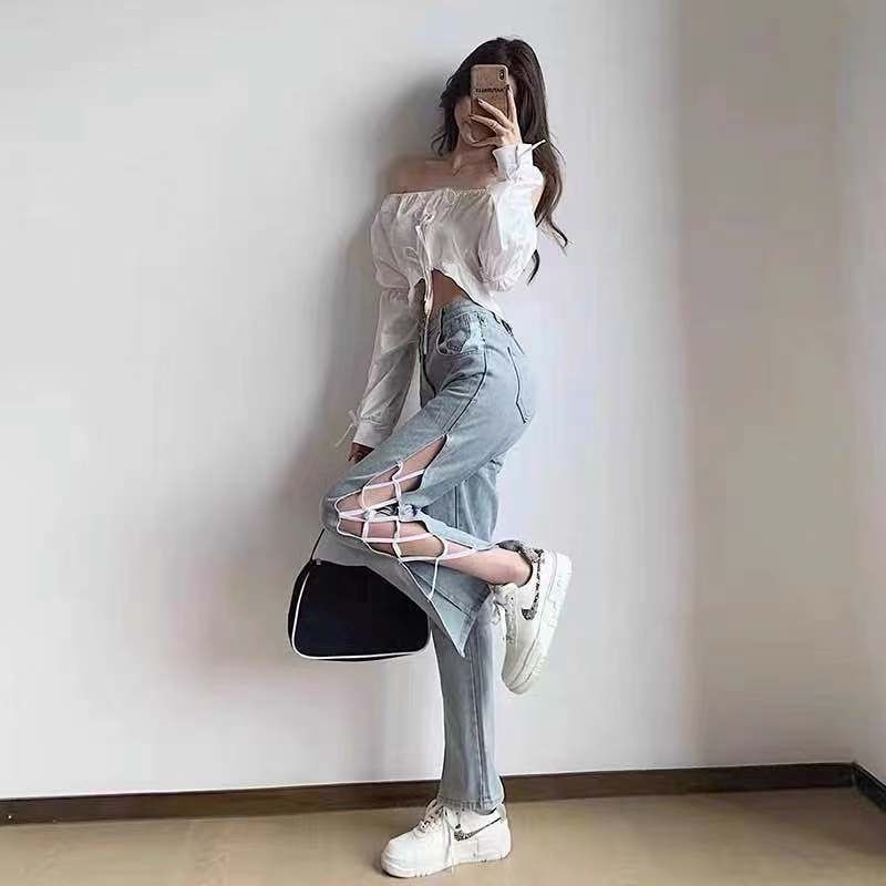 Quần jean lưng cao ống rộng thiết kế thời trang phong cách cá tính cho nữ