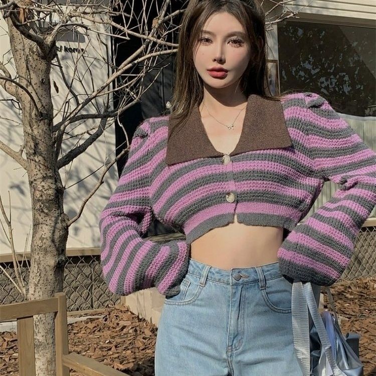 Áo Len Tay Phồng Họa Tiết Kẻ Sọc Thời Trang Mùa Thu Kiểu Mới