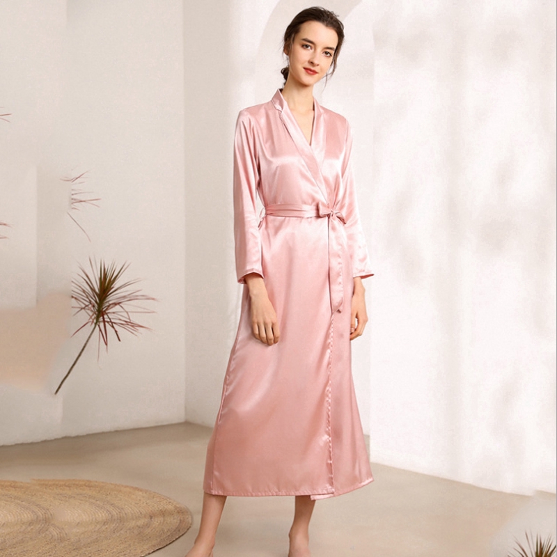 Áo choàng tắm kiểu kimono dáng dài màu trơn chất liệu lụa satin quyến rũ cho nữ