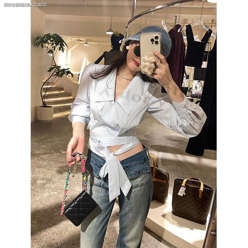 Áo Sơ Mi Ngắn Họa Tiết Kẻ Sọc Thời Trang Mùa Thu Cho Nữ