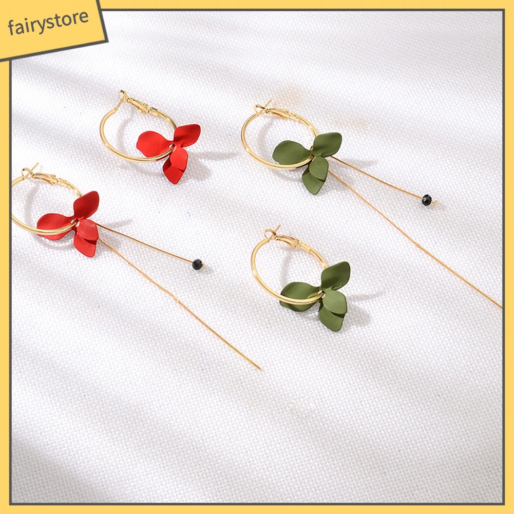 Khuyên tai vòng tua rua thả dây xích dài mặt hoa lá không cân xứng thời trang cho nữ