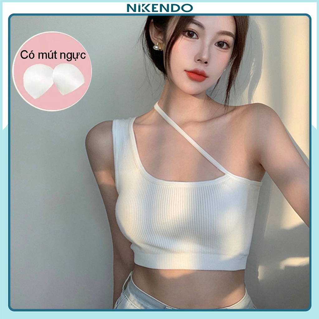 Áo Croptop 2 Dây Có Mút Ngực quai lệch Form Ngắn Chất Len Tăm dày dặn RT8