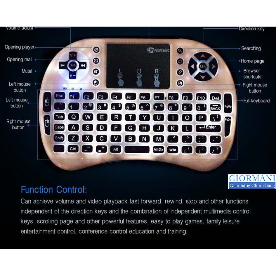 Bàn phím mini kiêm chuột cảm ứng không dây cho Smart Tivi, TV Box, Laptop  - Hàng cao cấp GIORMANI