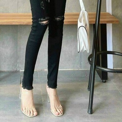 Quần jean nữ cao cấp lưng cao, màu đen rách gối mới co dãn nhẹ vải mềm thấm hút tốt thoải mái khi mặc-Black Fashon-qn702