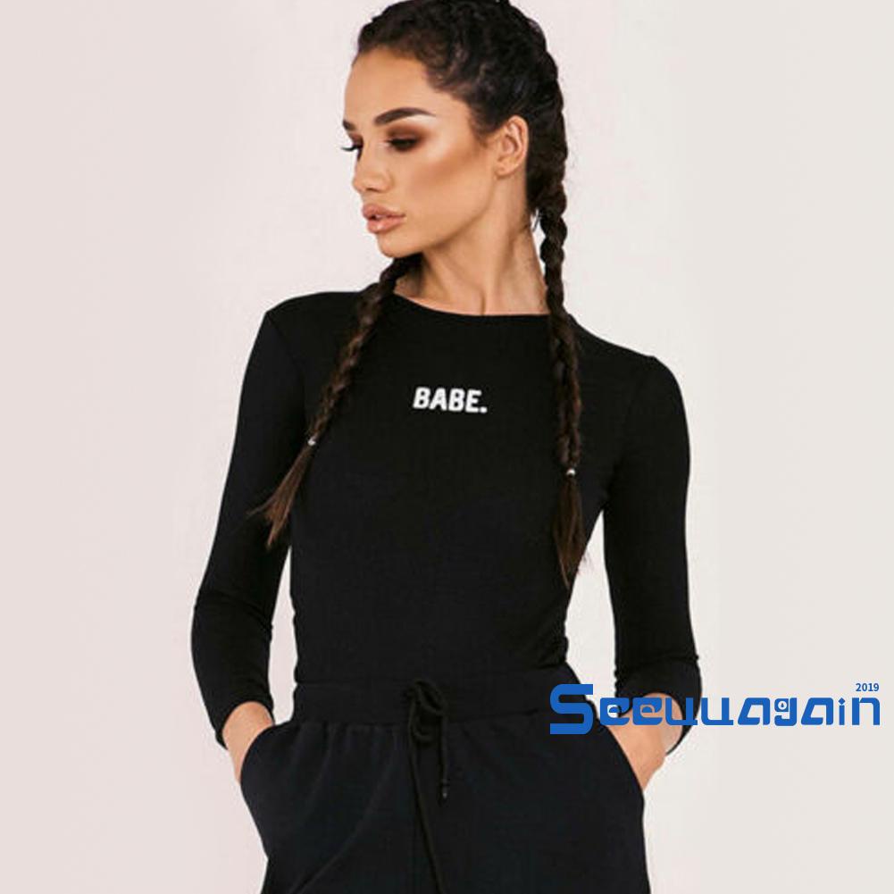 Bodysuit Họa Tiết In Chữ Dài Tay Cổ Tròn Màu Trơn Ôm Dáng Hợp Thời Trang Cho Nữ | BigBuy360 - bigbuy360.vn