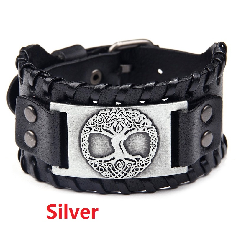 Vòng Tay Da Mặt Kim Loại Hình Cây Đời Viking Phong Cách Hip Hop Dành Cho Nam