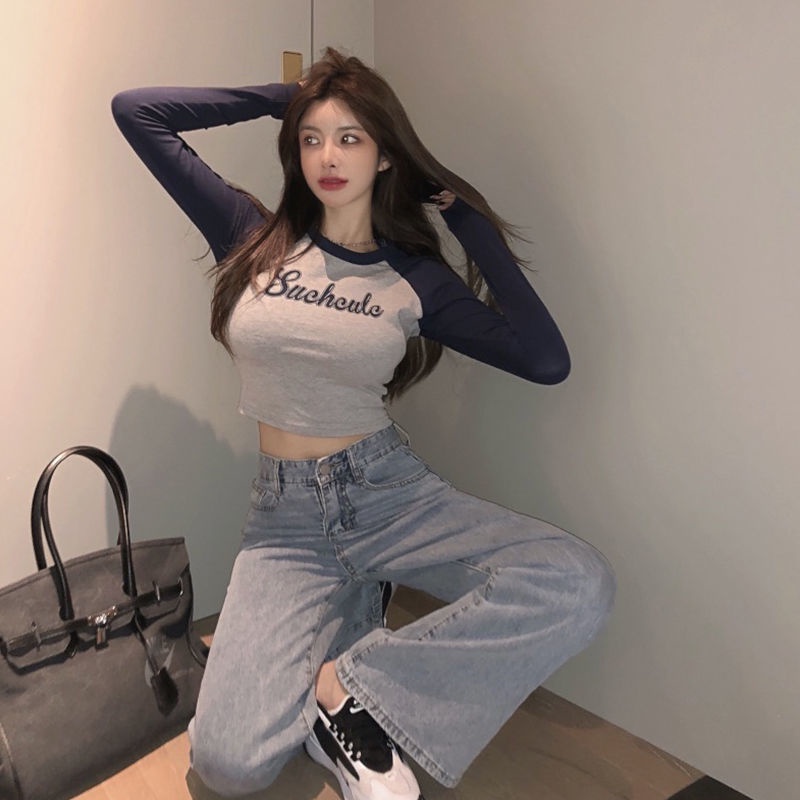 Áo thun COZOK tay dài dáng ôm phối màu tương phản quyến rũ dễ phối đồ