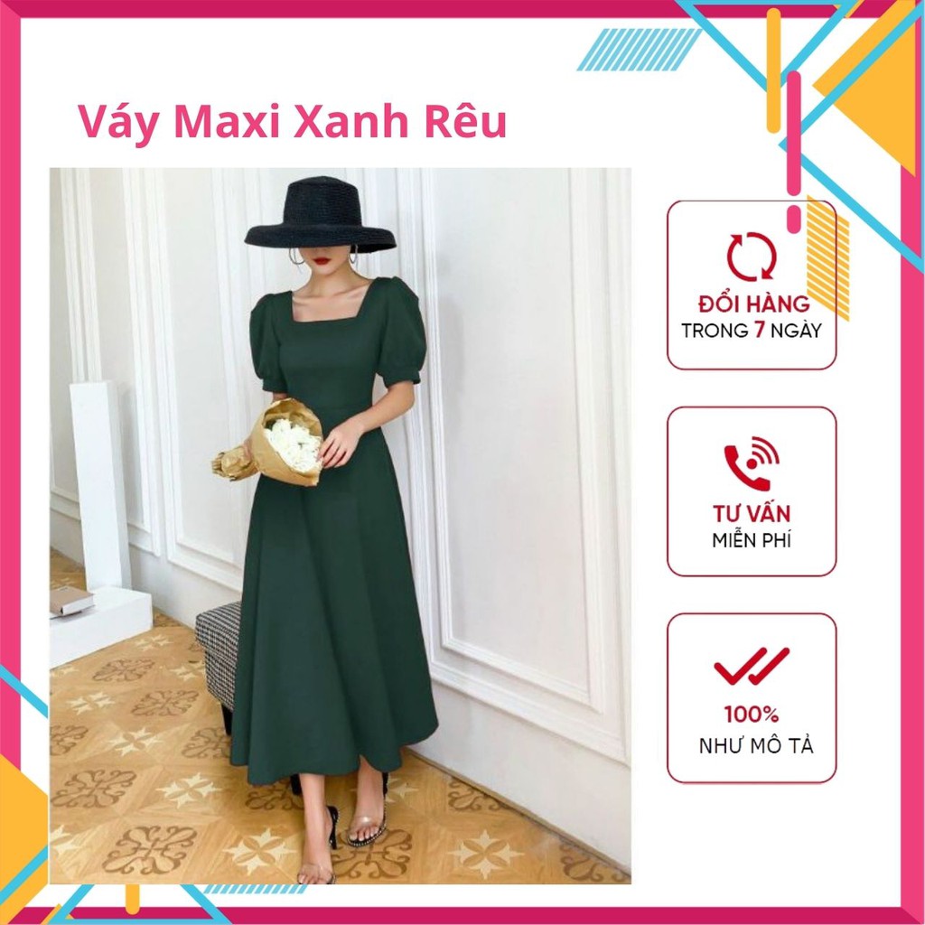 Váy Maxi Đi Biển Xòe Dài Cổ Vuông Tay Phồng Xanh Rêu - Đầm Maxi Du Lịch - Maxi Dress Dạ Hội Siêu Đẹp Siêu Sang