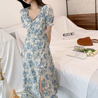 Đầm Dáng Ôm Xẻ Tà In Họa Tiết Hoa Màu Xanh Dương Phong Cách Pháp Thời Trang Mùa Hè Mới