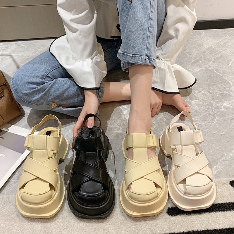 Giày sandal đế dày IELGY mũi tròn màu sắc retro thời trang dành cho nữ