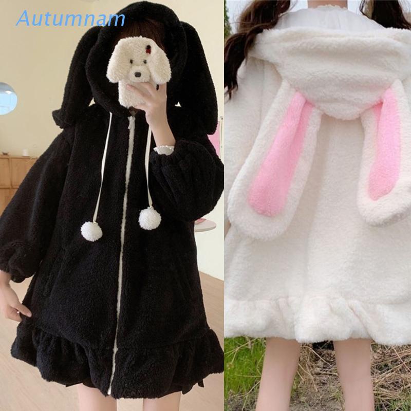 Áo Khoác Lông Giả Có Nón Trùm Tai Thỏ Ấm Áp Dễ Thương Phong Cách Harajuku Cho Nữ