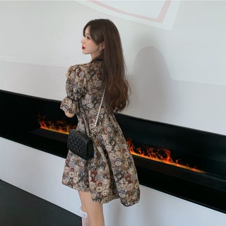 Đầm Ngắn Tay Phồng Họa Tiết Gấu Phong Cách retro Hàn Quốc Mới