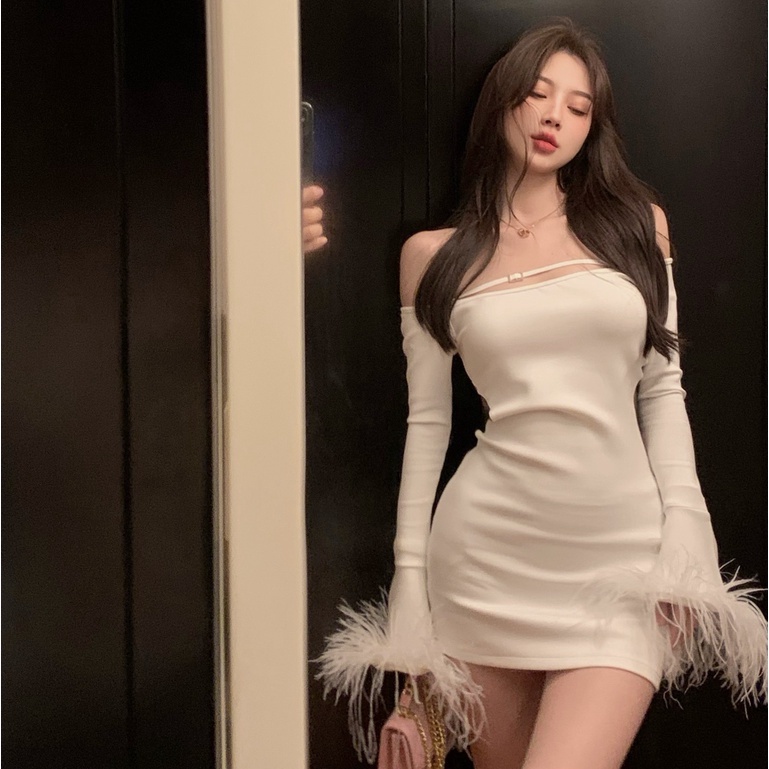 Đầm Trắng Tay Dài Ôm Dáng Co Giãn Đính Lông Vũ Thời Trang Mùa Thu Hàn Quốc Gợi Cảm Cho Nữ