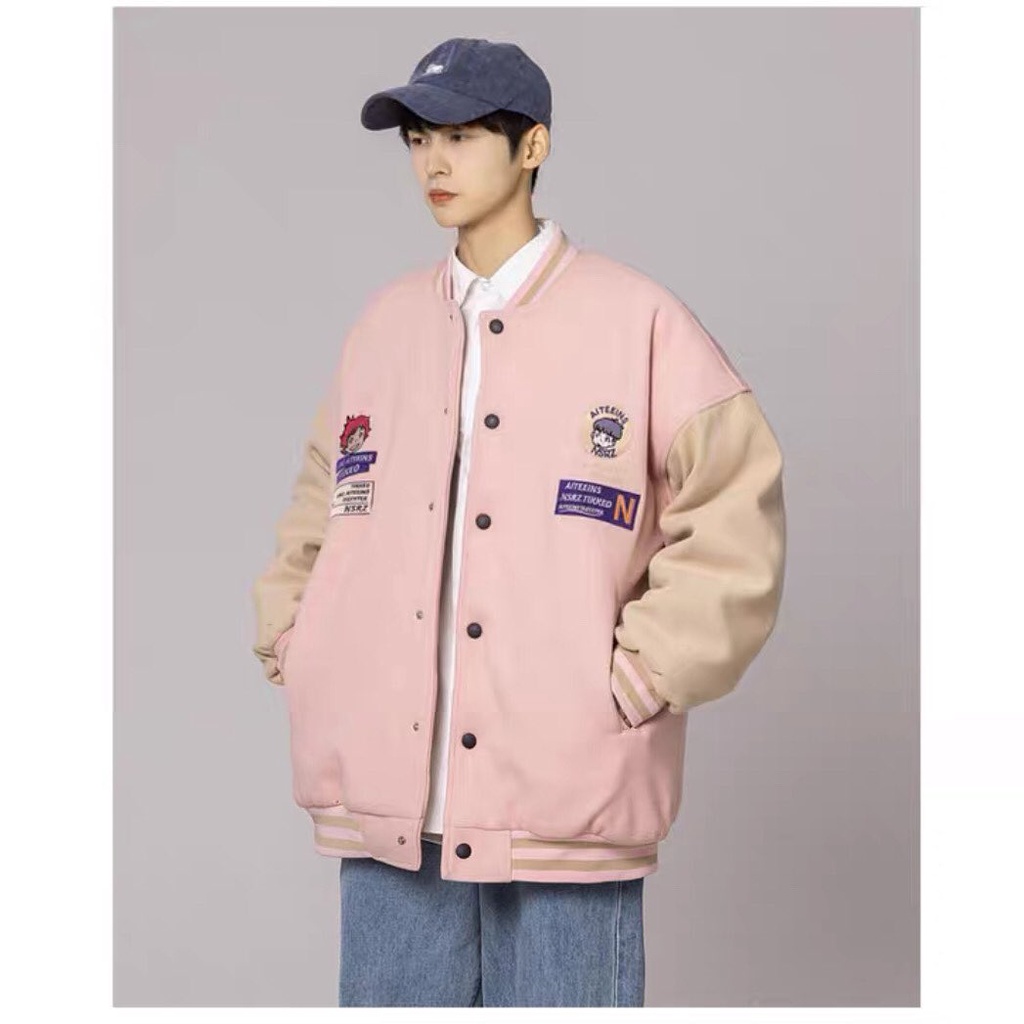 Áo Khoác Bomber TIKKEO Thêu Logo Nổi Phối Nút Bấm Vải Nỉ Lót Dù Form Rộng Ulzzang Unisex