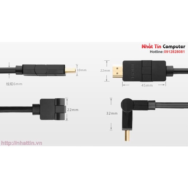 Cáp HDMI 2m đầu xoay 180 độ hỗ trợ full HD 4Kx2K chính hãng Ugreen 10126