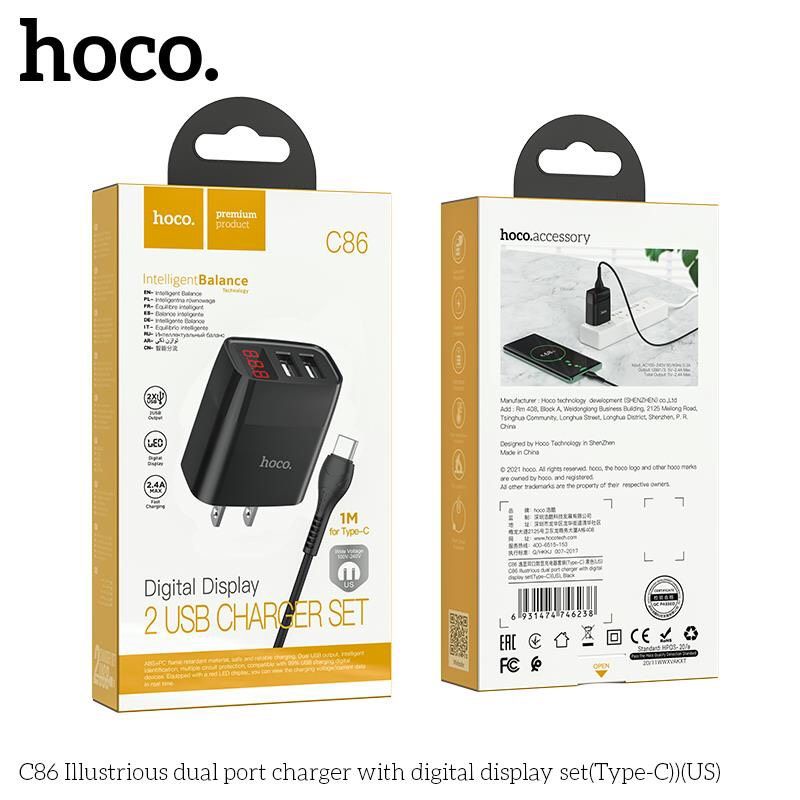 Bộ Sạc Type-C Hoco C86 Cho Samsung, Xiaomi, Oppo,... Bộ Sạc 2 Cổng Có Đèn, Sạc Nhanh MAX 2.4A [CHÍNH HÃNG]