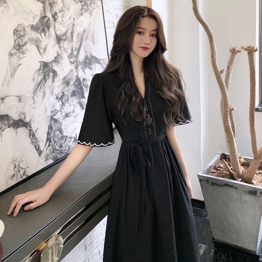 ♤❁Mùa hè 2020 phong cách mới Khí chất Hàn Quốc váy đen thêu tây nữ thời trang ôm dài xu hướng