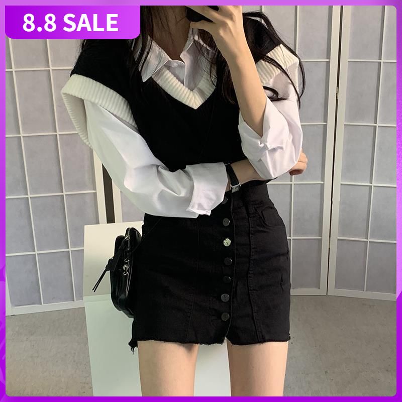 Set Áo Sơ Mi Cổ Chữ V + Áo Khoác Len Không Tay Phong Cách Cổ Điển Thời Trang Xuân Thu Cho Nữ