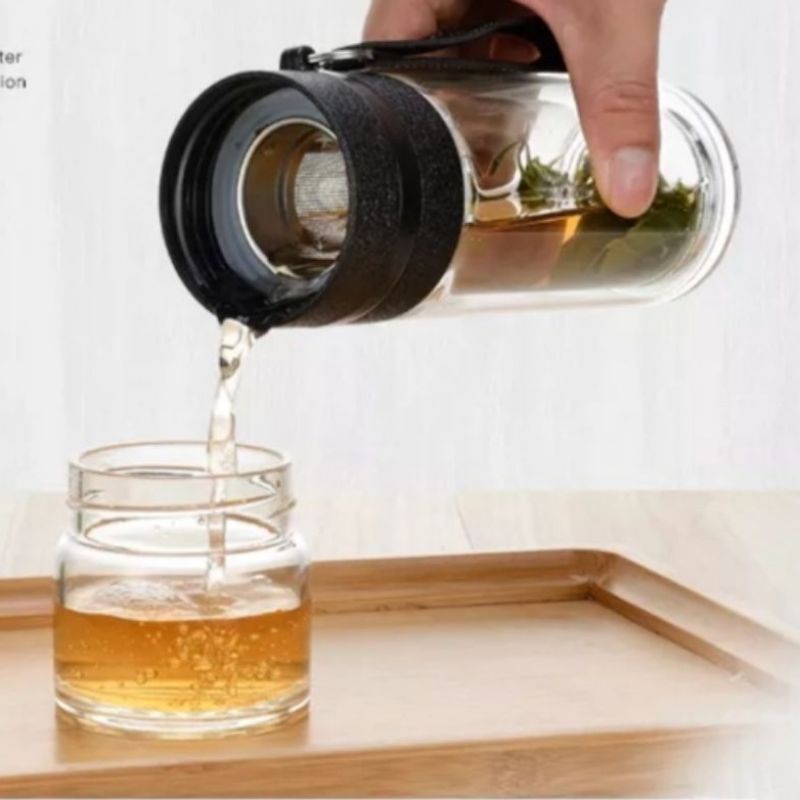 Bình Thủy Tinh 2 Lớp 450ml Pha Trà Cách Nhiệt Lõi Lọc Inox 304 Kèm Quai Xách Tiện Lợi