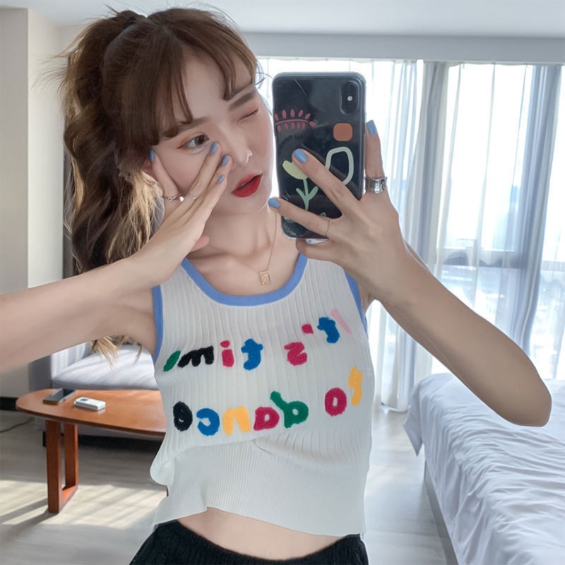 Áo Lửng Không Tay Cổ Tròn Thêu Chữ Nhiều Màu Dễ Thương Cho Nữ