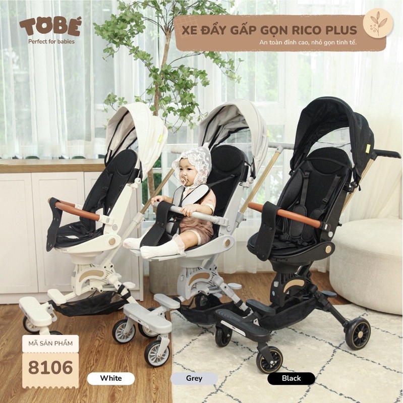 Xe đẩy gấp gọn Tobe Rico Plus cao cấp chịu lực tốt giảm rung lắc chất liệu da PU thiết kế ngả ghế linh hoạt bé 8105 8106