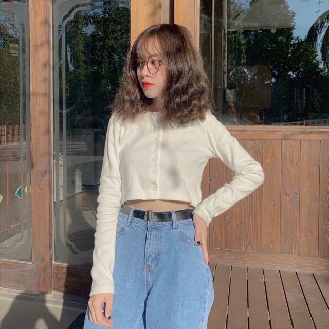 Áo khoác cardigan Nữ len dáng lửng cạp cao Hàn Quốc dưới 65Kg, Áo croptop tay dài, Áo Croptop Yan 7 cúc dài tay Saikuti