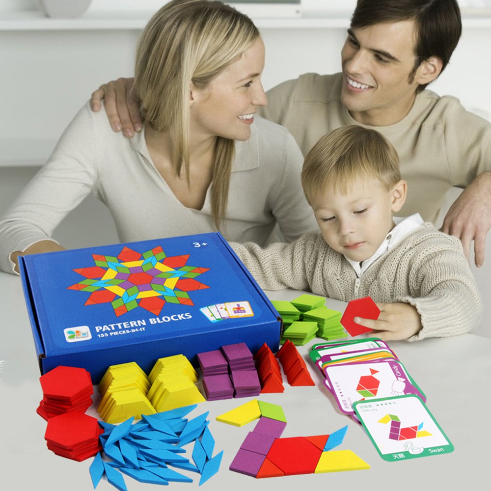 Bộ Ghép Hình Sáng Tạo Pattern Block 155 Chi Tiết, đồ chơi gỗ, giáo cụ montessori, dành cho bé từ 3 tuổi trở lên