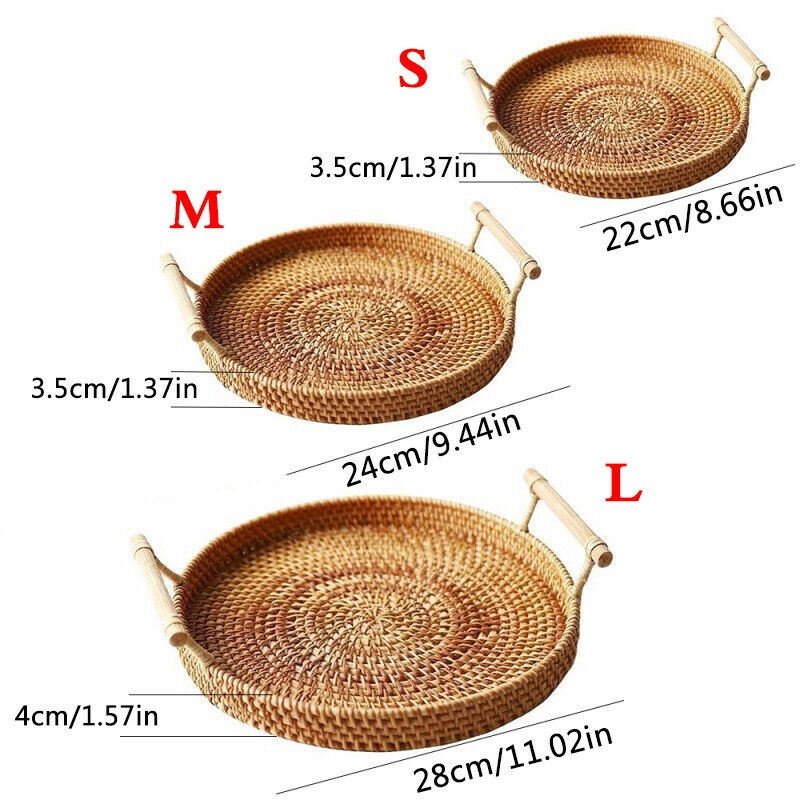 Khay mây quai đựng đồ uống trà , hình tròn có tay cầm, trưng bày món ăn, chụp hình, phụ kiện bàn ăn, decor