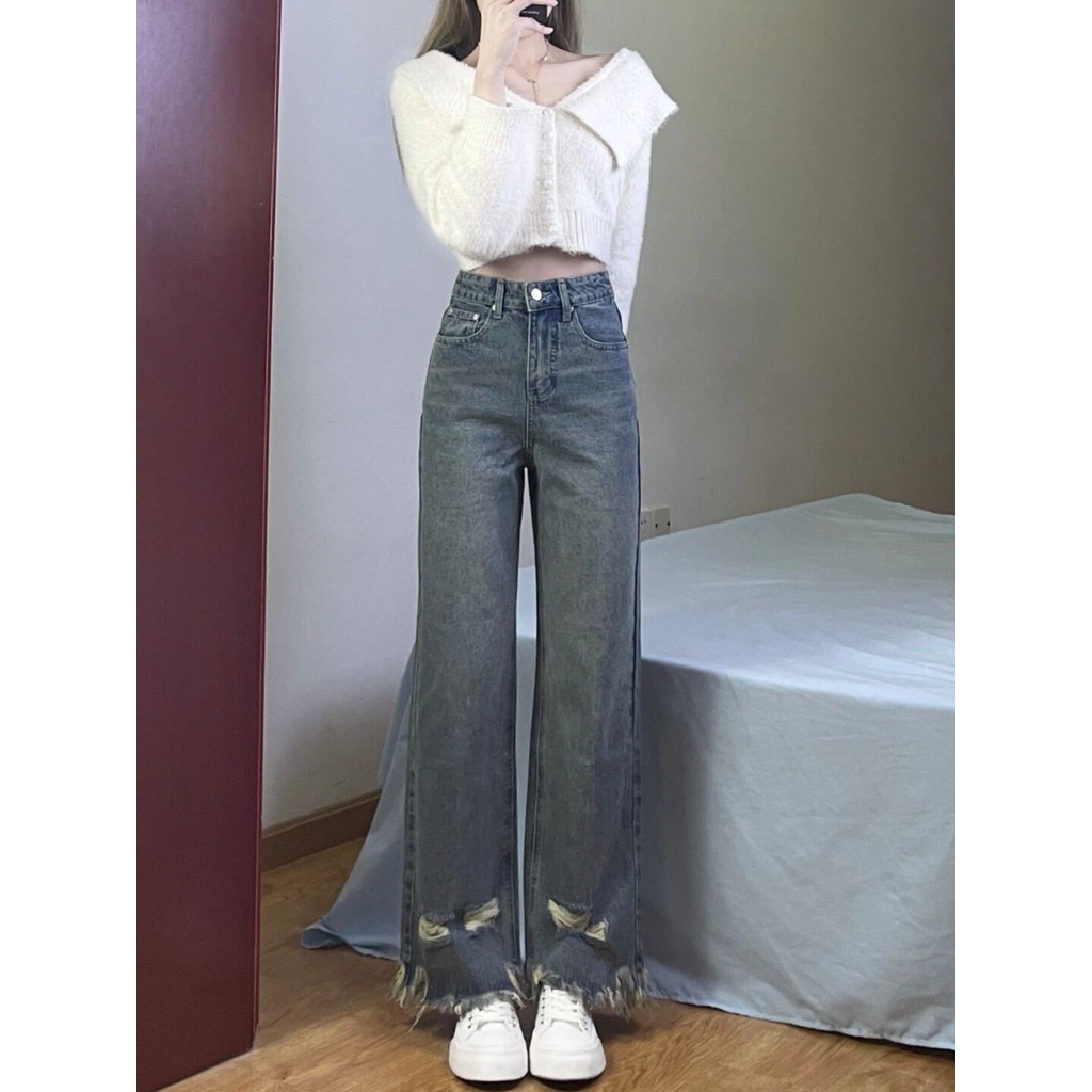 Quần jean dài Xiaozhainv lưng cao ống đứng phối rách kiểu vintage Hàn Quốc cho nữ