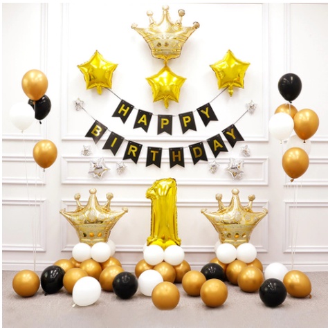 Set bong bóng trang trí sinh nhật HAPPY BIRTHDAY vương miện to vàng