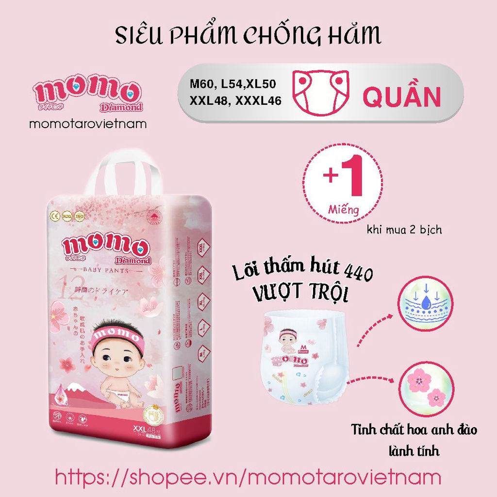 Bỉm Tã dán/ quần MOMO DIAMOND ORGANIC S64,M62,M60,L54,XL50,XXL48,XXXL46