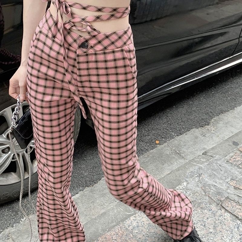 Quần Dài Ống Loe Lưng Cao Họa Tiết Sọc Caro Màu Hồng Thời Trang Mùa Hè Cho Nữ