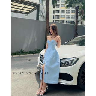(Sẵn)ĐẦM MIDI 2S XANH CÚP NGỰC XẺ ĐÙI