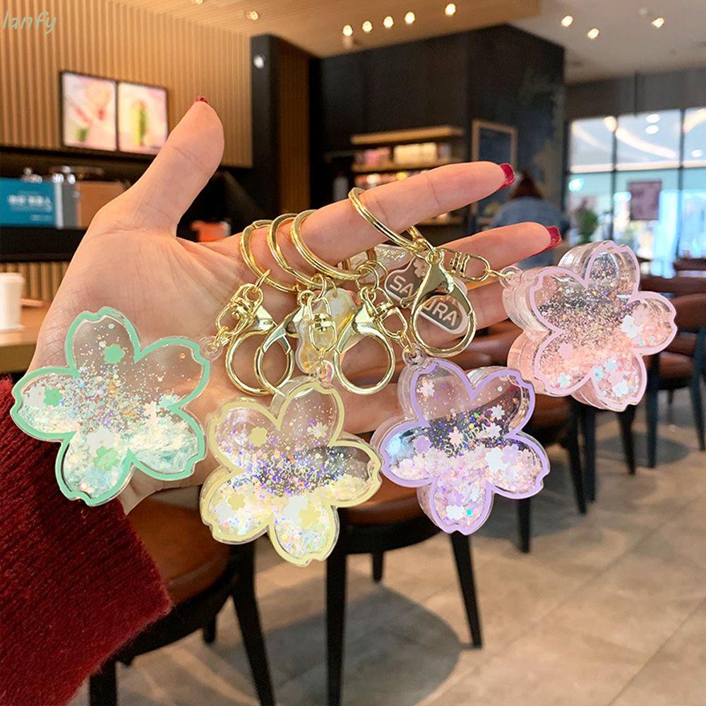 LANFY Accessories Quicksand Into Oil Keyring Trinket Sakura Keychain Cherry Blossom Key Chain Creative Car Key Ring Bag Pendant Jewelry Keyfob Acrylic Liquid Floating Key Ring/Multicolor
