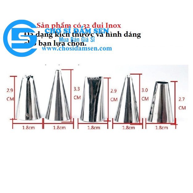 Hộp 32 đui bắt bông kem kèm chốt và túi đựng kem trang trí bánh G223-BatKemLL