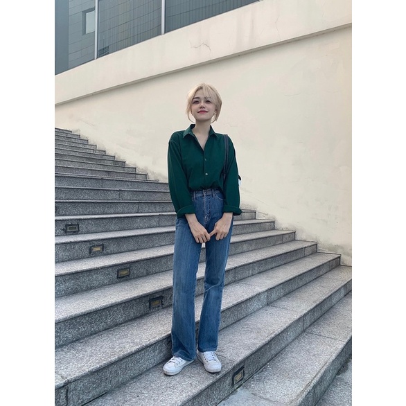 Áo Sơ Mi Tay Dài Xanh Lá Form Rộng Nam Nữ Unisex