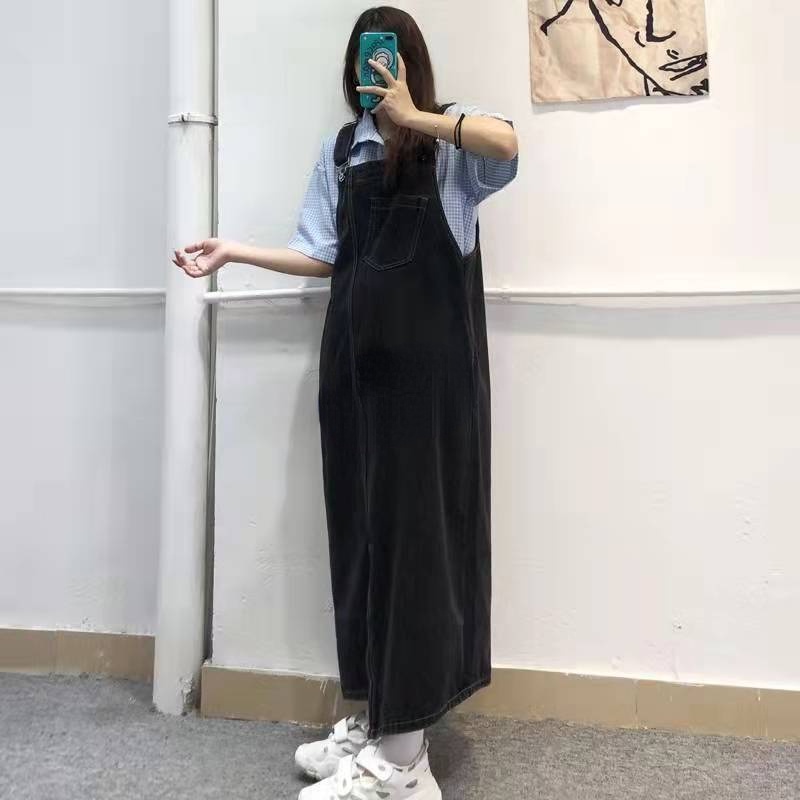 Đầm Yếm Denim Dài Dáng Rộng Phong Cách Retro Mới Cho Nữ