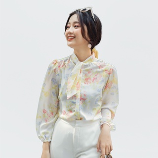Áo sơ mi lụa cổ nơ misa vàng