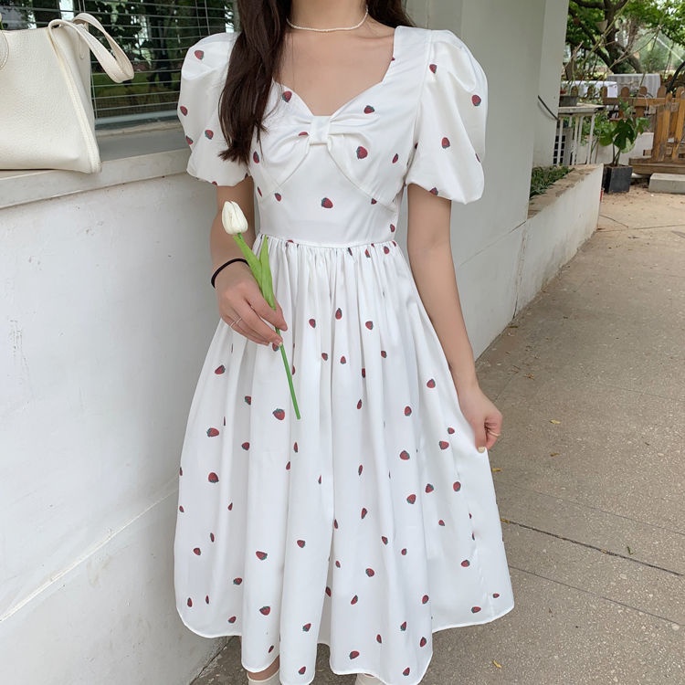 Đầm Chữ A Tay Ngắn Phồng Cổ Chữ V Ngọt Ngào Phong Cách Nhật Bản Thời Trang Mùa Hè Mới