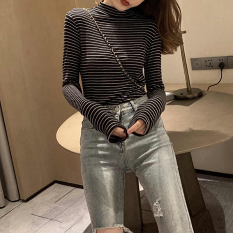 NRVP Half-high collar bottoming shirt 2020 spring and autumn slim ladies striped tops long-sleeved t-shirt with autumn women clothes