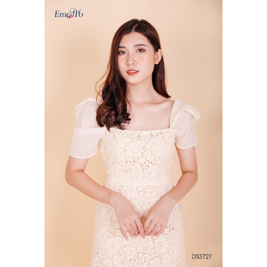 Đầm ren ôm A, vải phối tay, tay rúm ly bồng Emspo DS3727 (Be, Hồng)