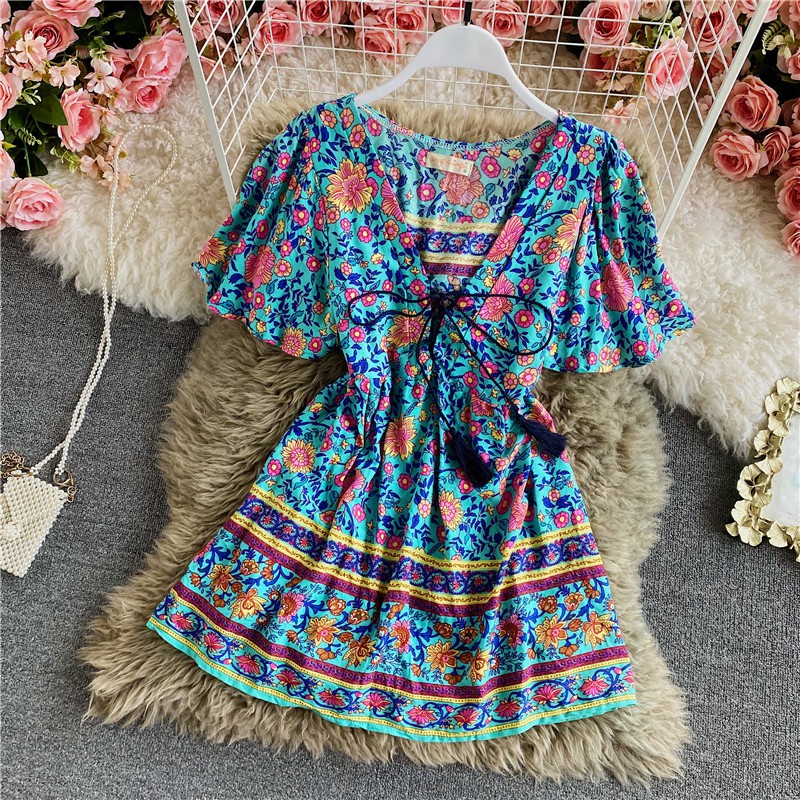 (Sẵn xanh dương nhạt) Váy vải mềm mỏng, họa tiết thổ cẩm, váy ngắn cần mặc kèm quần